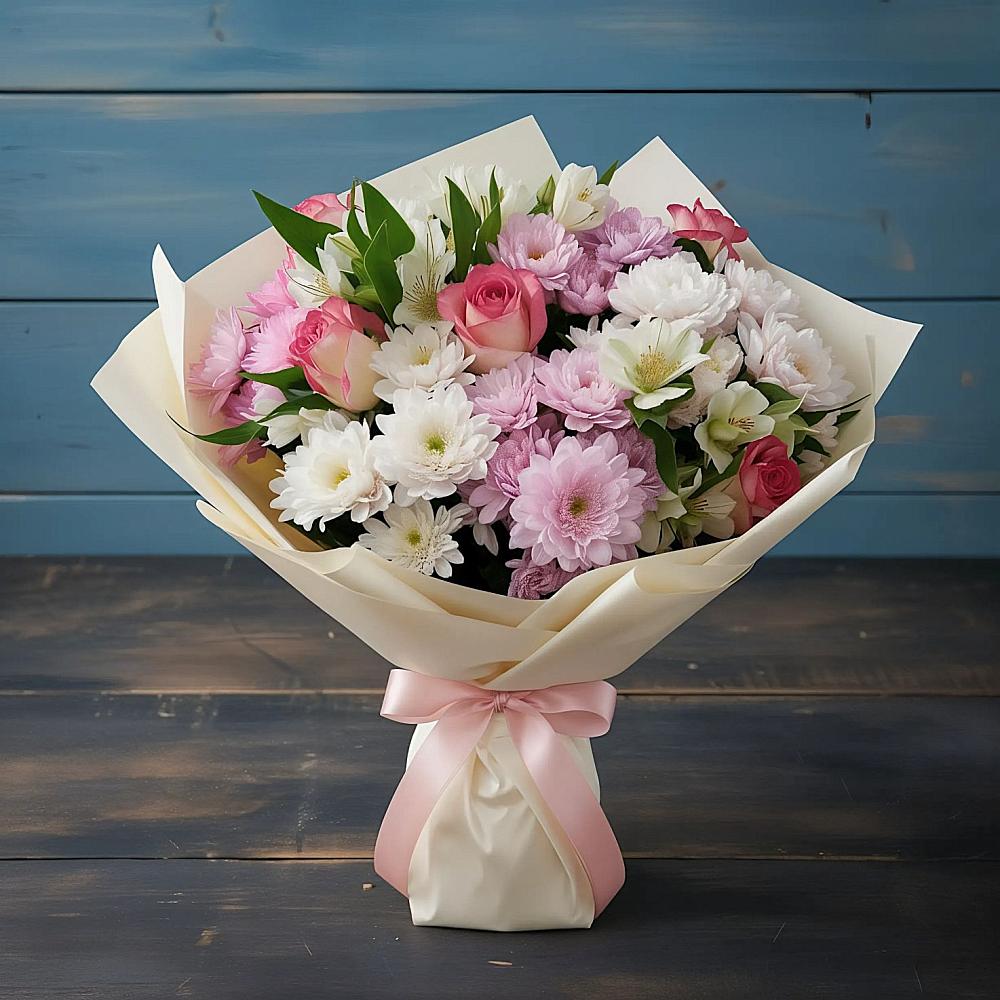 Букет цветов из: Хризантемы, Альстромерии и Розы в Филиппенково